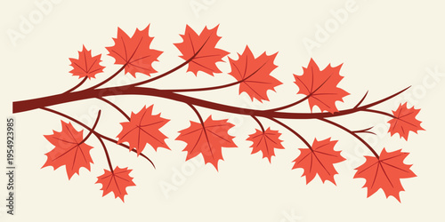 Brown tree branch with red leaves on beige background