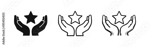Hands Holding Star Icon Set. Feedback, Rating, or Quality Service Symbol in Solid, Outline, and Hand-Drawn Styles.