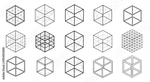Geometric Abstract Cubes with Wireframe Structures and Cellular Grids