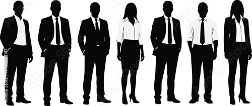 Silhouettes of diverse business professionals standing in a row, corporate team concept, formal office attire, isolated black human figures
