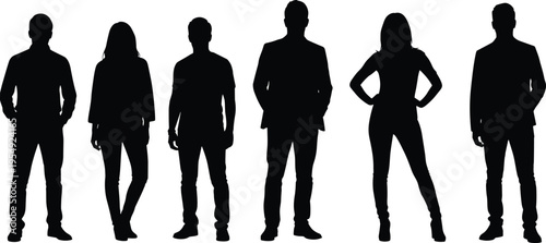 Silhouettes of diverse people standing in different poses, group of anonymous figures, urban crowd concept, isolated black human shapes