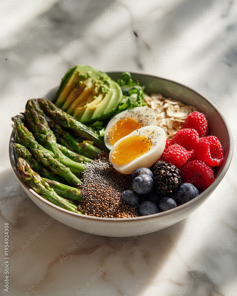 Fototapeta Spring gut reset bowl with fiber rich foods greens asparagus avocado chia oats and berries showcasing digestion wellness and renewal concept