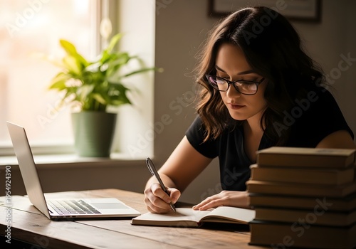 Focused young woman wearing glasses diligently writing notes in a notebook at a wooden desk with a laptop and books