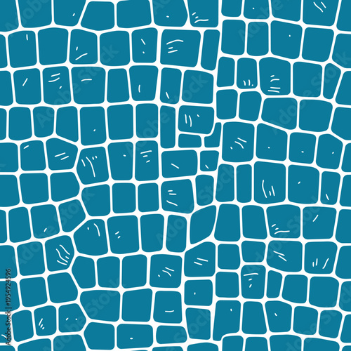 Seamless pattern of blue mosaic tiles, white grout lines, abstract organic stone design