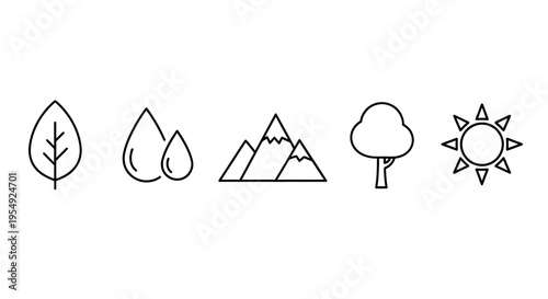 Set of simple line icons representing nature leaf, water drops, mountains, tree, and sun