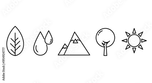 Vector line icons illustrating natural elements leaf, water, mountains, tree, and sun. Ideal for environmental and eco-friendly design projects and branding