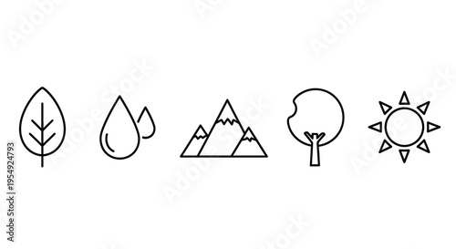 Clean line art icons depicting fundamental nature elements a leaf, water drops, mountains, a tree, and the sun, perfect for eco-friendly and environmental concept designs
