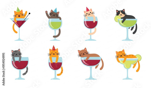 Cute cartoon cats in cocktail glasses party pose vector set with playful kittens in drink cups