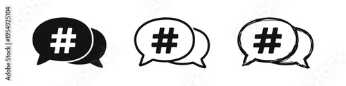 Social Media Hashtag Communication Icons, Hand-Drawn Digital Tag and Online Marketing Discussion Symbols