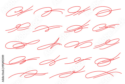 A collection of 20th century calligraphy examples in a cursive script with varying lettering styles and flourishes on a white background