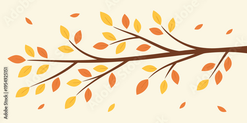 Autumn leaves on a branch with falling leaves orange