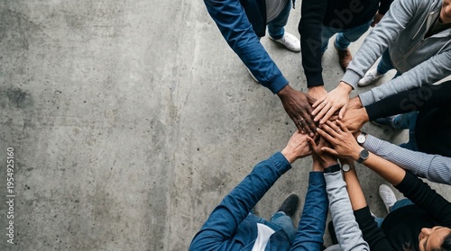 Top View Diverse Group of People Stacking Hands Together Teamwork Collaboration Concept
