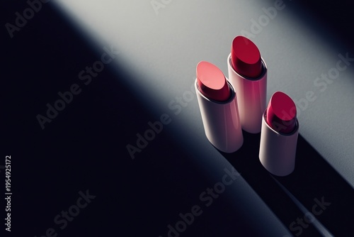 Lipstick beauty makeup cosmetic product arranged in elegant light with red and pink shades, modern style for skincare advertising