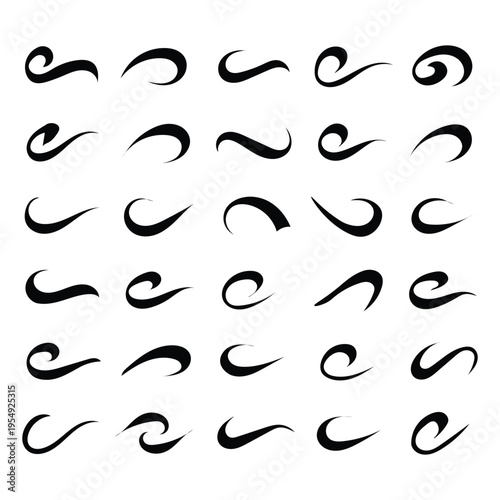A collection of 36 unique hand drawn swirl shapes and curly line designs