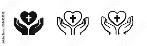 Hands Embracing Heart with Christian Cross Vector Icons