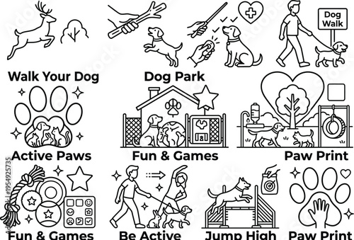 Professional Pet Training, Games, and Fitness Icons Set