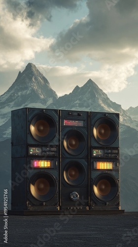 Large speakers stand against a mountain backdrop during sunset with clouds in the sky illuminating the peaks in vibrant colors