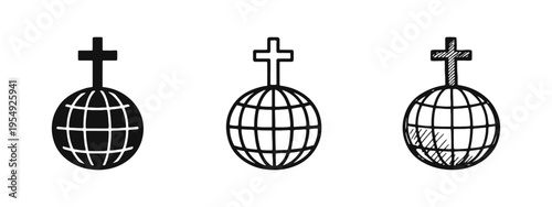 Globe with Christian Cross Icon Set. Global Christianity and Evangelism Symbol. World Mission Vector.