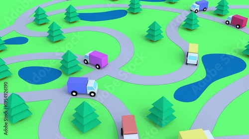 3d cartoon trucks drive on curve road endless 4k
