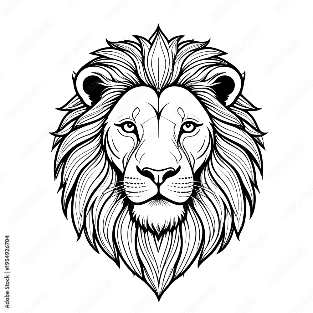 Fototapeta premium Detailed black and white line art illustration of a majestic lion's head with intricate mane and powerful gaze, showcasing strength and nobility.