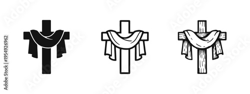 Christian Cross with Drape Icon Set for Easter and Lent. Religious symbol of sacrifice and resurrection.