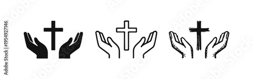 Praying hands holding Christian cross icon set, Faith and worship symbol vector illustrations