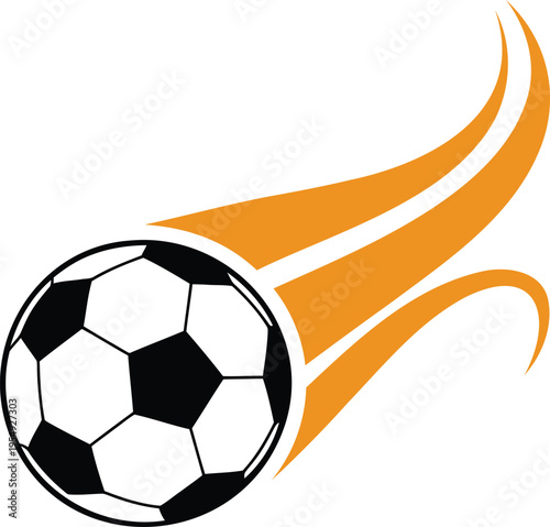 Soccer ball with orange speed lines moving fast in motion on white background
