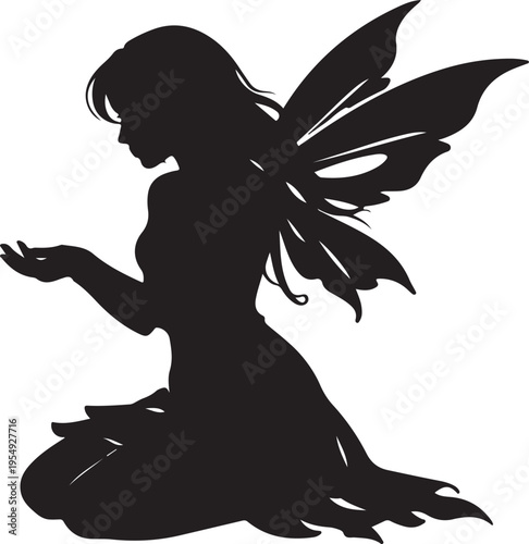 Beautiful Fairy Silhouette Kneeling with Butterfly Wings - Fantasy Illustration Vector