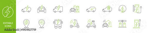 Electric transport line icons featuring EV car, scooter, bus, and charging station with editable stroke