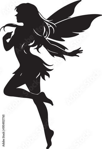 Graceful Fairy Silhouette Flying with Delicate Wings and Flowing Hair