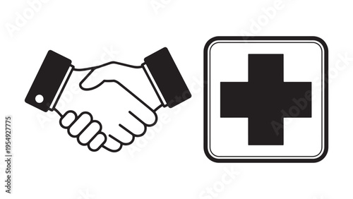 Healthcare Partnership Handshake With Medical Cross Icon Representing Strategic Alliance Hospital Management Collaboration And Health Service Investment Growth