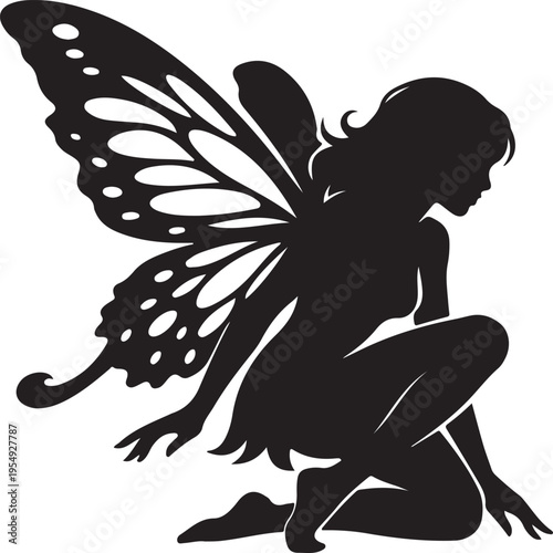 Black Silhouette of a Kneeling Fairy with Large Butterfly Wings Isolated on White Background - Mythical Fantasy Vector Illustration