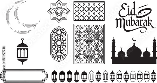 Eid Mubarak Islamic festival decorations and symbols set  crescent moon mosque lanterns patterns