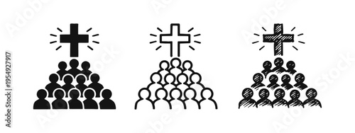 Religious Congregation with Shining Christian Cross Icon Set for Church Community and Faith