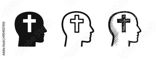 Human Head Profile with Christian Cross Icon Set Representing Faith and Spirituality