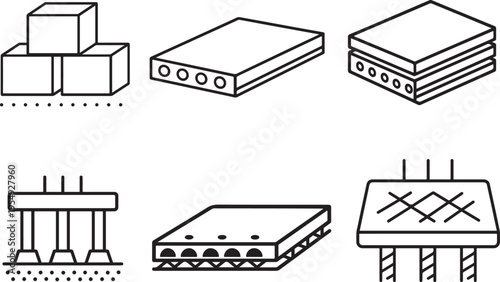 Concrete slab line icon set for construction, building structure, and architecture use