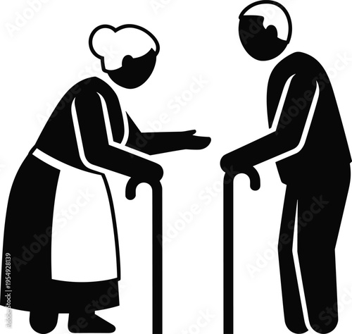 Elderly couple silhouette with walking canes, senior support and care concept, aging people assistance illustration, cad drawing flat vector illustration