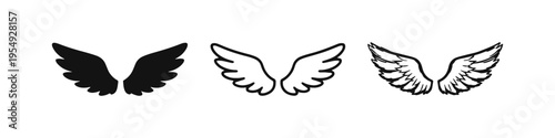 Angel Wings Icon Set. Heavenly and Freedom Symbol Vector Illustration in Solid, Outline, and Hand-Drawn Styles.