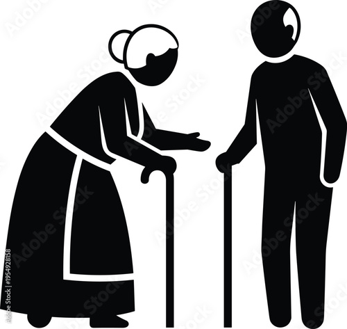 Elderly couple with walking cane silhouette, senior care support concept, old age assistance illustration, cad drawing flat vector illustration