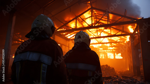 Two fire professionals observe a blazing structure, silhouetted against intense flames and smoke, portraying danger and emergency response at night