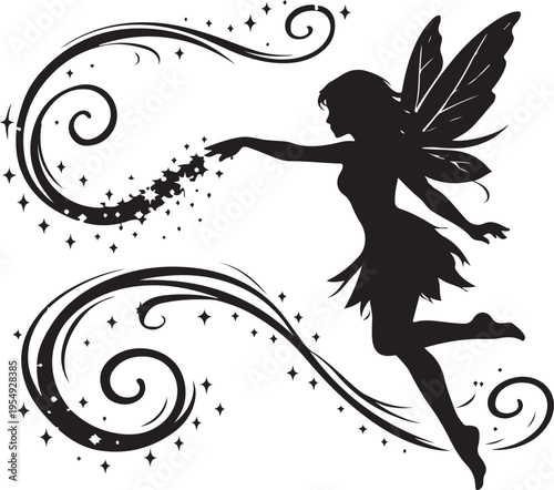 Fairy Silhouette with Magic Dust and Ornate Swirls Illustration
