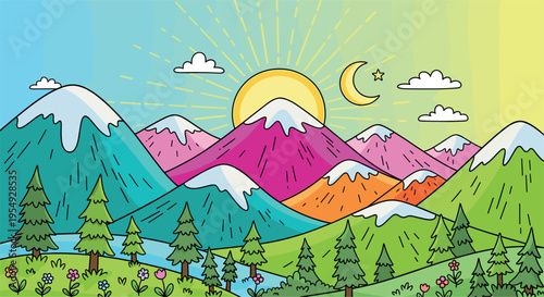 Colorful mountain landscape illustration with sun moon clouds trees and flowers vibrant nature scenery vector background design