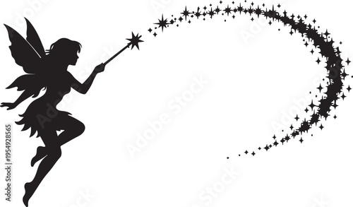 Silhouette of a magical fairy with a sparkling wand and stardust trail on a white background