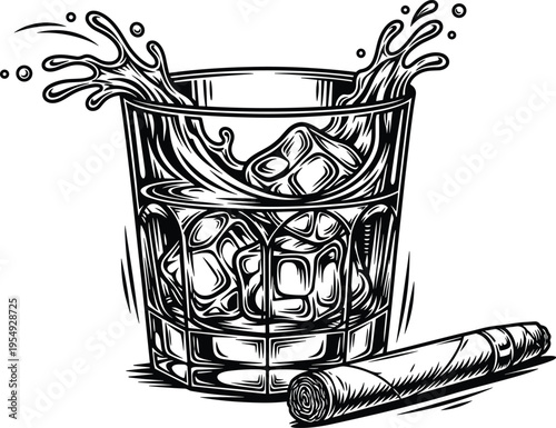 Whiskey glass with ice splash and cigar, vintage style illustration, cad drawing flat vector illustration for luxury lifestyle branding