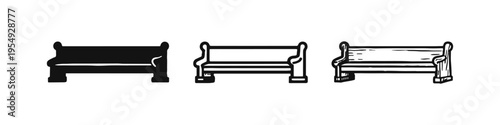 Park bench icon set in three styles: solid black, line art, and hand-drawn sketch for outdoor seating.