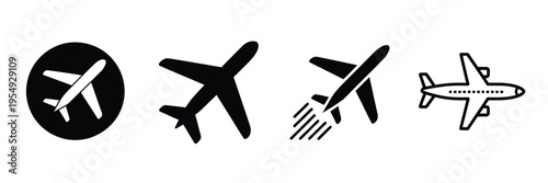 Airplane takeoff logo vector, black airplane icon pictogram set featuring flying silhouette shape, simple plain clipart symbol, airport airline jet circle sign, aeroplane thin line outline art.
