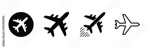 Airplane icon takeoff logo, black pictogram set vector with plane take off flying silhouette shape graphic, simple plain clipart symbol for airport airline jet circle sign.