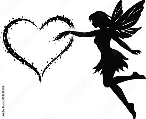 Black Silhouette of a Flying Fairy Creating a Sparkling Glitter Heart on White Background