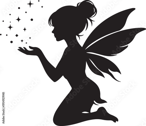 Silhouette of a magical fairy kneeling and blowing fairy dust with wings, black vector illustration on white background