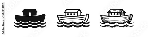 Noah's Ark on Water Icon Set Depicting the Biblical Flood Story